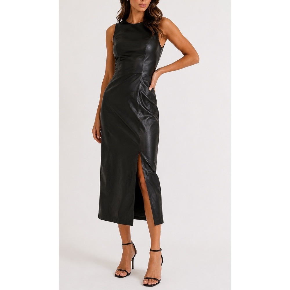 House of Harlow 1960 Black Faux Leather Midi Dress XS Side Slit Minimalist